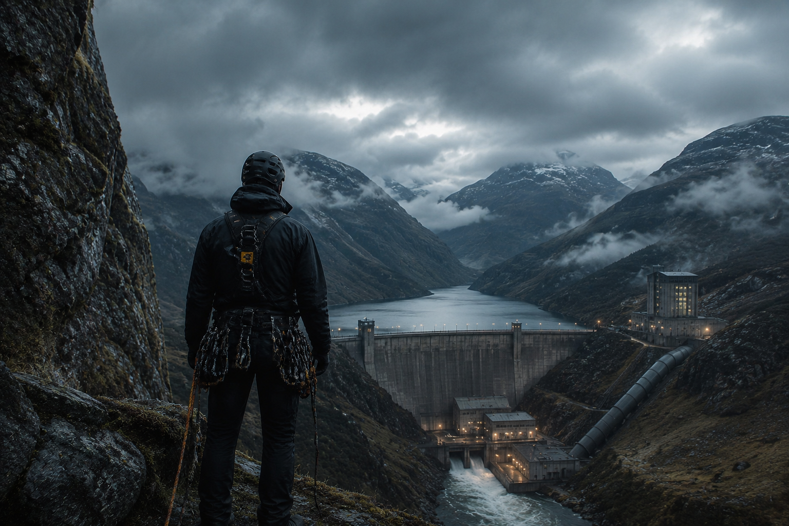 Rope access technician overlooking a Scottish Highlands loch